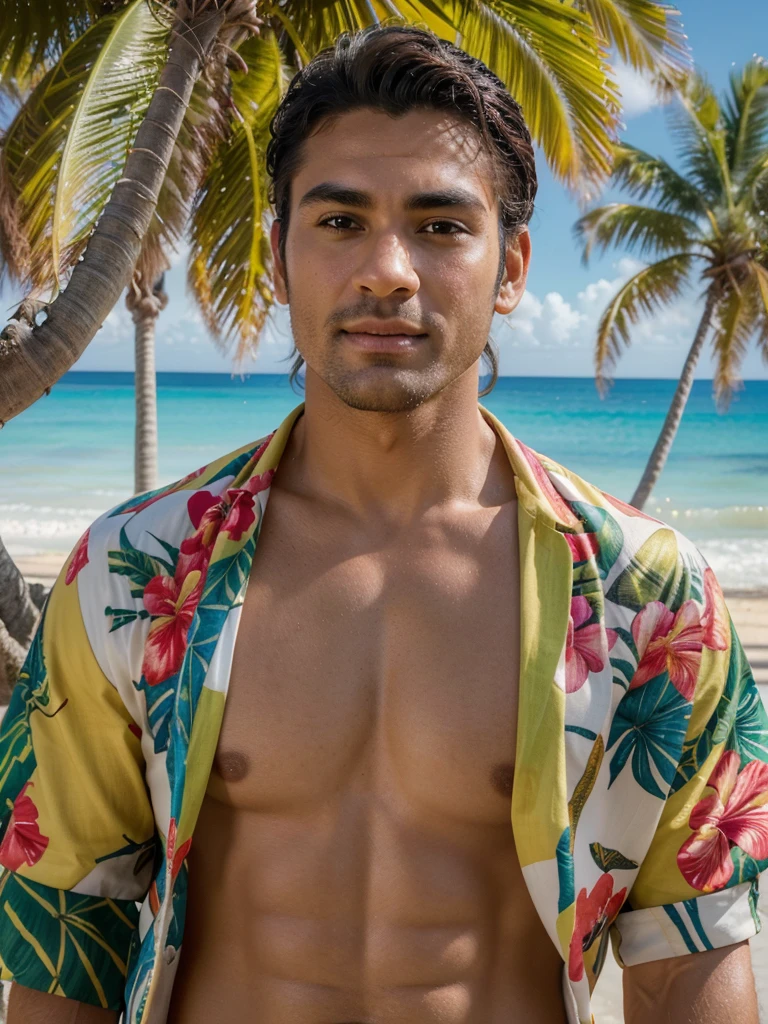 (best quality,4k,8k,highres,masterpiece:1.2),ultra-detailed,(realistic,photorealistic,photo-realistic:1.37),extremely detailed face and body, muscular shirtless man with tanned skin, handsome, chiseled jawline, piercing eyes, thick eyebrows, 5 o'clock shadow, short wavy dark hair, Hawaiian shirt, holding tropical cocktail, at lively Hawaiian themed party, colorful decorations, palm trees, beach in background, warm lighting, vibrant colors