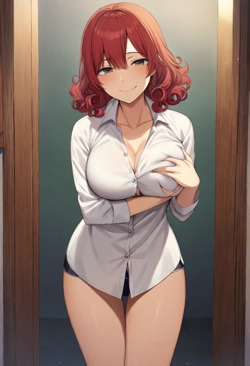 masterpiece, best quality, artist:fukuro_(maruaru00), 1girl, solo, adult, red hair, short hair, curly hair, white unbuttoned shirt, large breasts, smile, standing, grabbing her breasts, infront of viewer