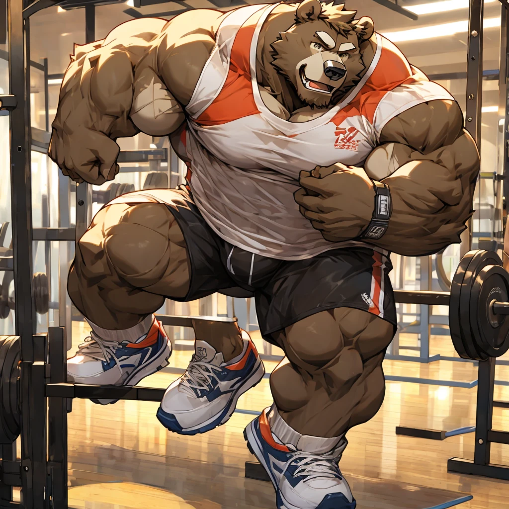 Huge muscle bear in his gym shorts and shoes doing tearing his shirt off at the gym