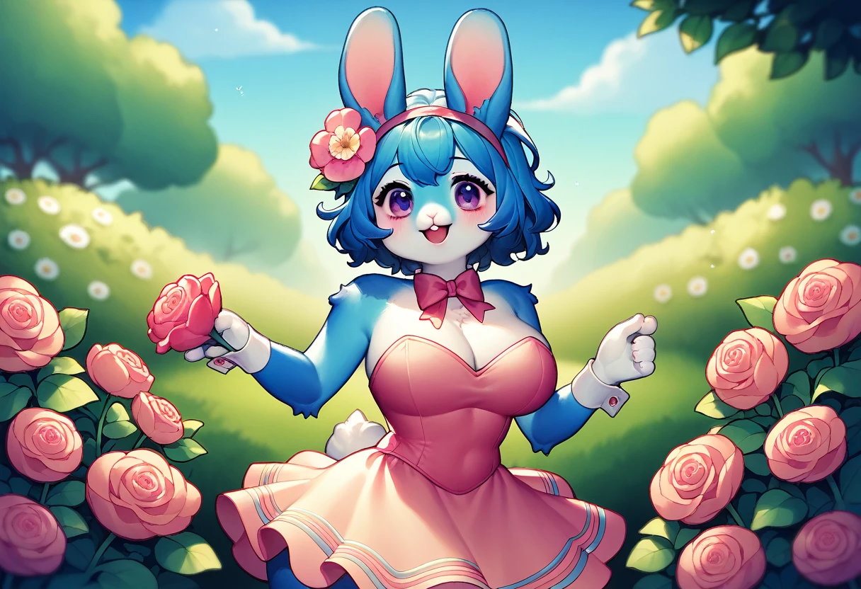(best quality:1.2), (ultra-detailed:1.0), (cute:1.3), (feminine:1.3), (fluffy:1.2), (bright colors:1.1), (pastel colors:1.1), (kawaii:1.2), (chibi:1.1), (blue fur:1.3), (white fur:1.1), (rabbit:1.3), (bunny:1.2), (large breasts:1.3), (curvy body:1.2), (sexy pose:1.2), (cute outfit:1.1), (flower dress:1.2), (bow headband:1.1), (holding flowers:1.1), (happy expression:1.2), (background: floral garden, blue sky:1.2), (furry:1.1), (anthro:1.1), (female:1.2), (solo:1.2).