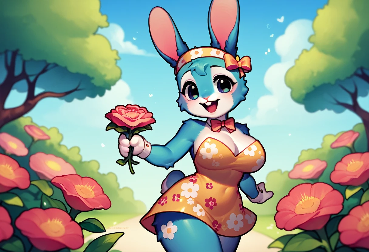 (best quality:1.2), (ultra-detailed:1.0), (cute:1.3), (feminine:1.3), (fluffy:1.2), (bright colors:1.1), (pastel colors:1.1), (kawaii:1.2), (chibi:1.1), (blue fur:1.3), (white fur:1.1), (rabbit:1.3), (bunny:1.2), (large breasts:1.3), (curvy body:1.2), (sexy pose:1.2), (cute outfit:1.1), (flower dress:1.2), (bow headband:1.1), (holding flowers:1.1), (happy expression:1.2), (background: floral garden, blue sky:1.2), (furry:1.1), (anthro:1.1), (female:1.2), (solo:1.2).