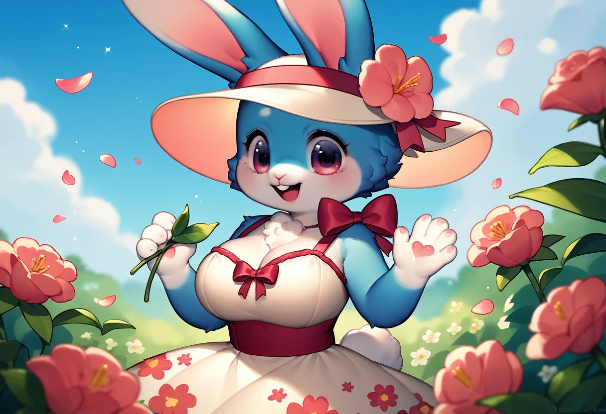 (best quality:1.2), (ultra-detailed:1.0), (cute:1.3), (feminine:1.3), (fluffy:1.2), (bright colors:1.1), (pastel colors:1.1), (kawaii:1.2), (chibi:1.1), (blue fur:1.3), (white fur:1.1), (rabbit:1.3), (bunny:1.2), (large breasts:1.3), (curvy body:1.2), (sexy pose:1.2), (cute outfit:1.1), (flower dress:1.2), (bow headband:1.1), (holding flowers:1.1), (happy expression:1.2), (background: floral garden, blue sky:1.2), (furry:1.1), (anthro:1.1), (female:1.2), (solo:1.2).
