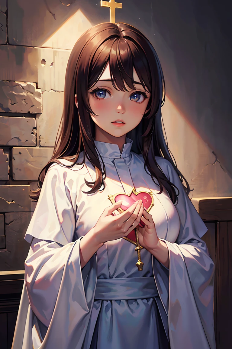 Best quality, masterpiece, ultra high res, (photorealistic:1.4), raw photo, 1girl, white prayer mantle, holy card, bust shot, holy picture, sacred heart, rizu kyun cosplay