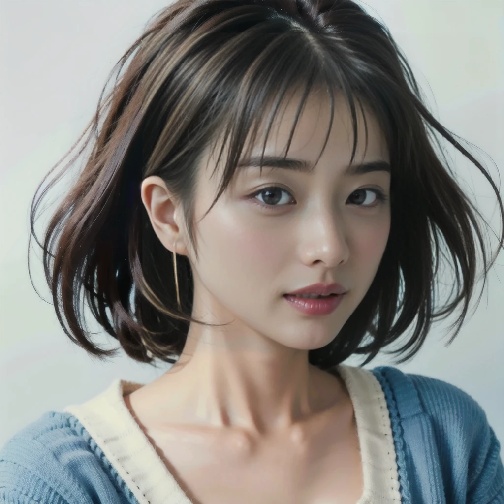 (Highest quality、8K、32k、masterpiece、Ultra-high resolution:1.2)、Cute Japanese Women Photos、Big ample breasts、Sundarium Hair、Upper Body、Face Focus、(sweater、:1.1)necklace、Simple Background、Looking at the audience、Leaning forward、Earrings