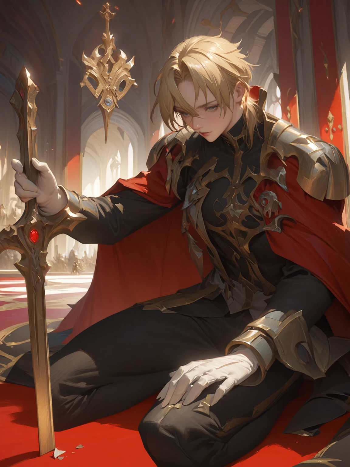 anime - style image of a man in a red cape sitting on a red carpet, portrait of magical blond prince, zerochan art, inspired by Li Chevalier, beautiful androgynous prince, trending on artstation pixiv, detailed key anime art, delicate androgynous prince, key anime art, guweiz on pixiv artstation