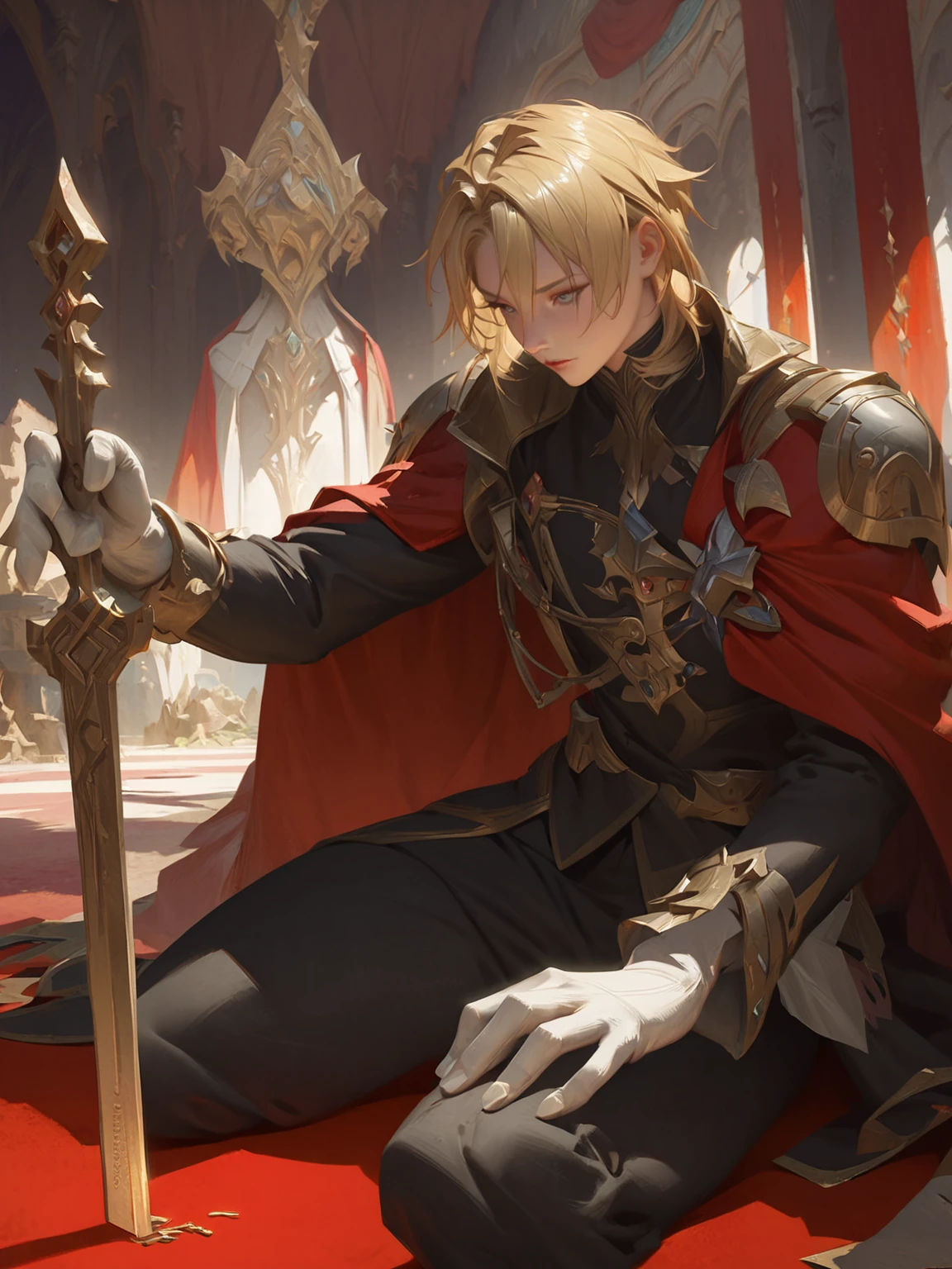 anime - style image of a man in a red cape sitting on a red carpet, portrait of magical blond prince, zerochan art, inspired by Li Chevalier, beautiful androgynous prince, trending on artstation pixiv, detailed key anime art, delicate androgynous prince, key anime art, guweiz on pixiv artstation