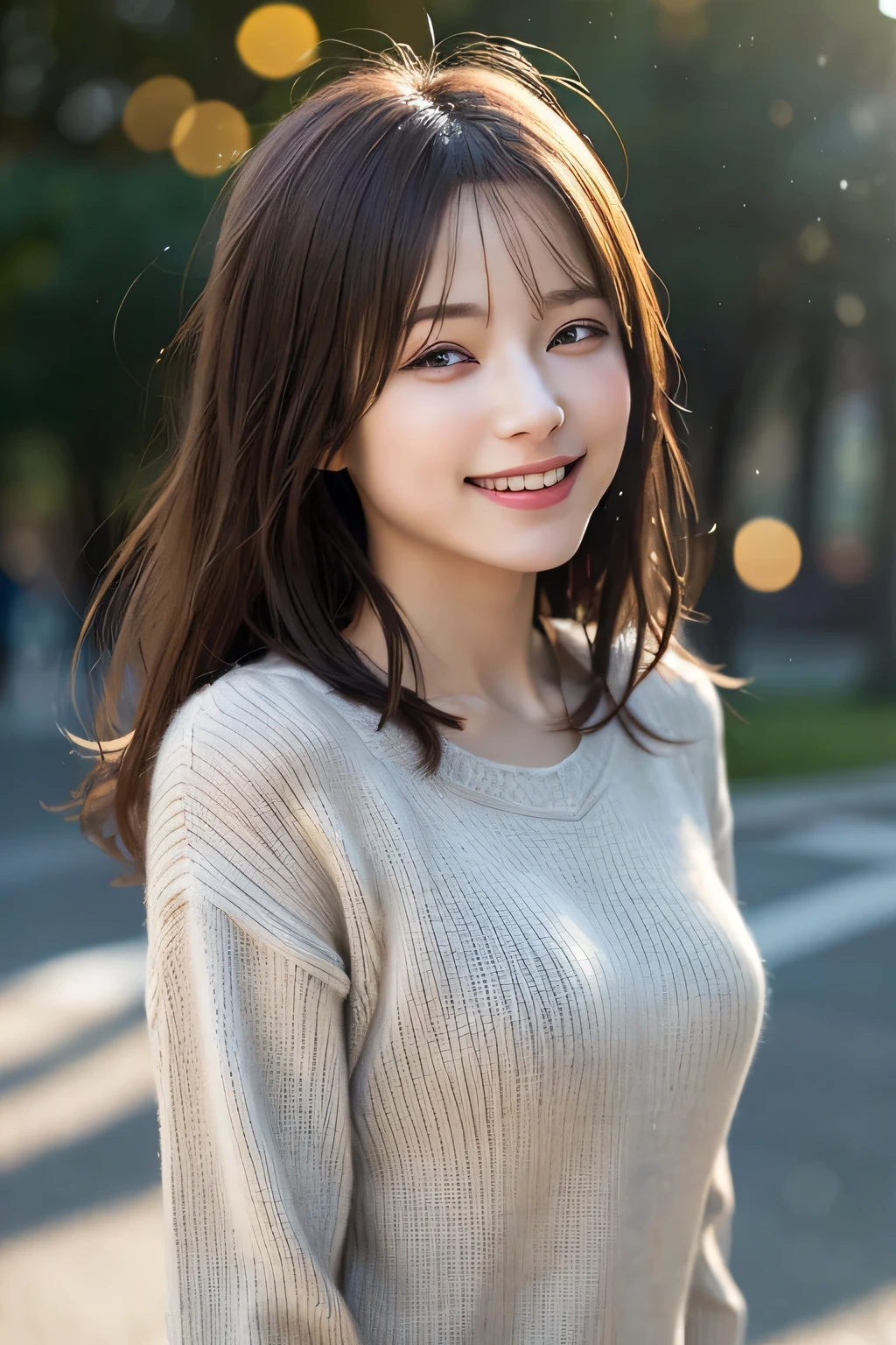 Highest quality、masterpiece、Ultra-high resolution、(Realistic:1.4)、RAW Photos、girl, Wear a cozy sweater, Upper body, (Laughter:1.1), (Open your mouth:1.1), (Eyes Wide Open:1.2), Sunlight glare, Bokeh, Written boundary depth, Blurred Background, Particles of light, Strong winds, (Heart Particles:1.1)