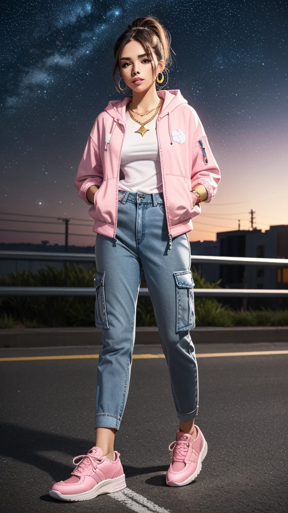 ((Holding a cute orange bantam cat)),((Highest quality,masterpiece,Full body front view of a mature beauty with big breasts,Air bangs,Blue gray high ponytail super long straight hair,Slightly curly hair on double sideburns,Hair ends curled in,Gray and pink short T-shirt,Light blue denim gray hooded jacket,Black and gray long and wide cargo pants,Pink and white sneakers)),Simple, small and exquisite round necklace,Little star earrings,Wearing a very thin gold bracelet on the right hand,starry sky galaxy background