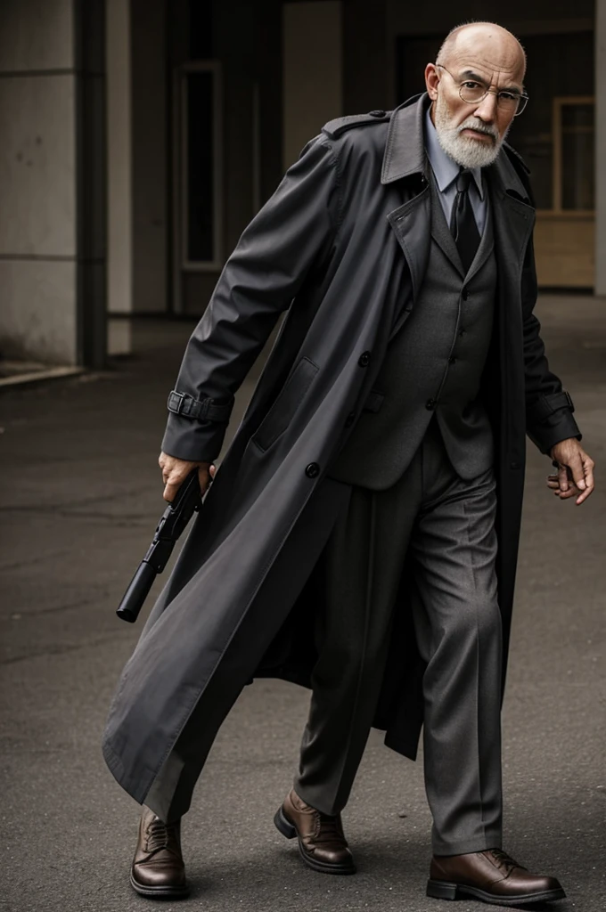 An elderly man, 70 years old, bald, with a gray beard, wears glasses, has a black trench coat that reaches down to his feet, and has a gun.