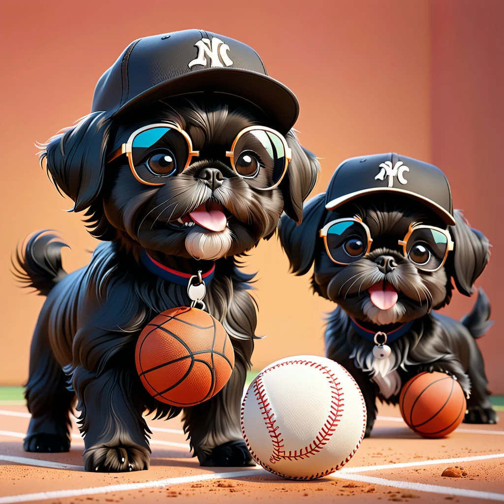 2 Adorable small black Shih Tzu puppies wearing baseball cap and sunglasses playing basketball Disney background 3d cartoon 3d render disney pixar style