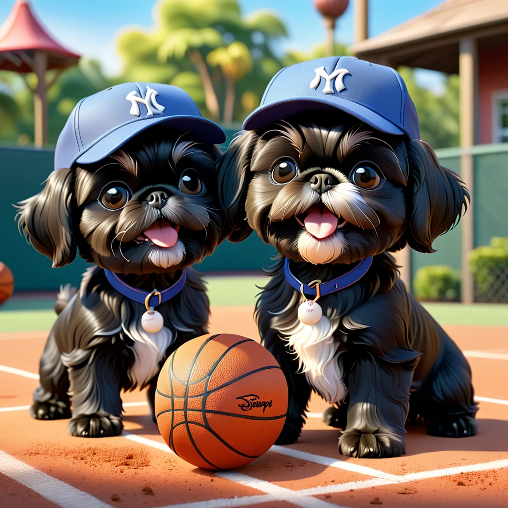 2 Adorable small black Shih Tzu puppies wearing baseball cap and sunglasses playing basketball Disney background 3d cartoon 3d render disney pixar style