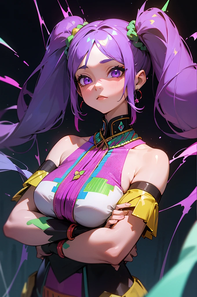 (Absurd, High resolution, Super detailed), (One girl:1.3), Twin tails, Purple Hair, break , Glitch Art, Digital Distortion, Pixelated Fragments, Data Corruption, Colorful Noise, Visual clutter, contemporary aesthetics break , Enamel Art, Glass-like surface, Vibrant colors, Glossy finish, Reflective Texture, Richly pigmented, fluid forms break , Ethnic Style, Glamorous traditional costume, Vivid patterns, Handmade textiles, Cultural Motifs, Beaded Jewelry, Handmade accessories by artisans