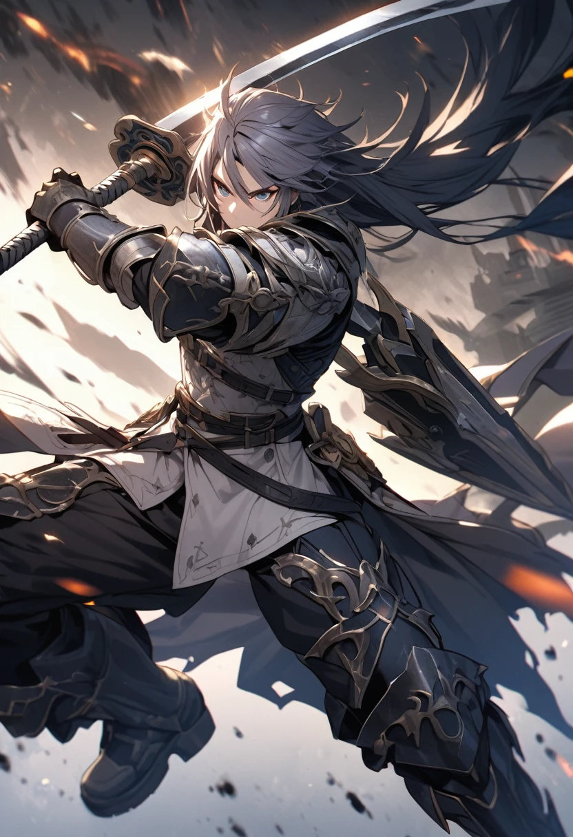 a extremely detailed warrior wielding a sword made of dark blue & white steel