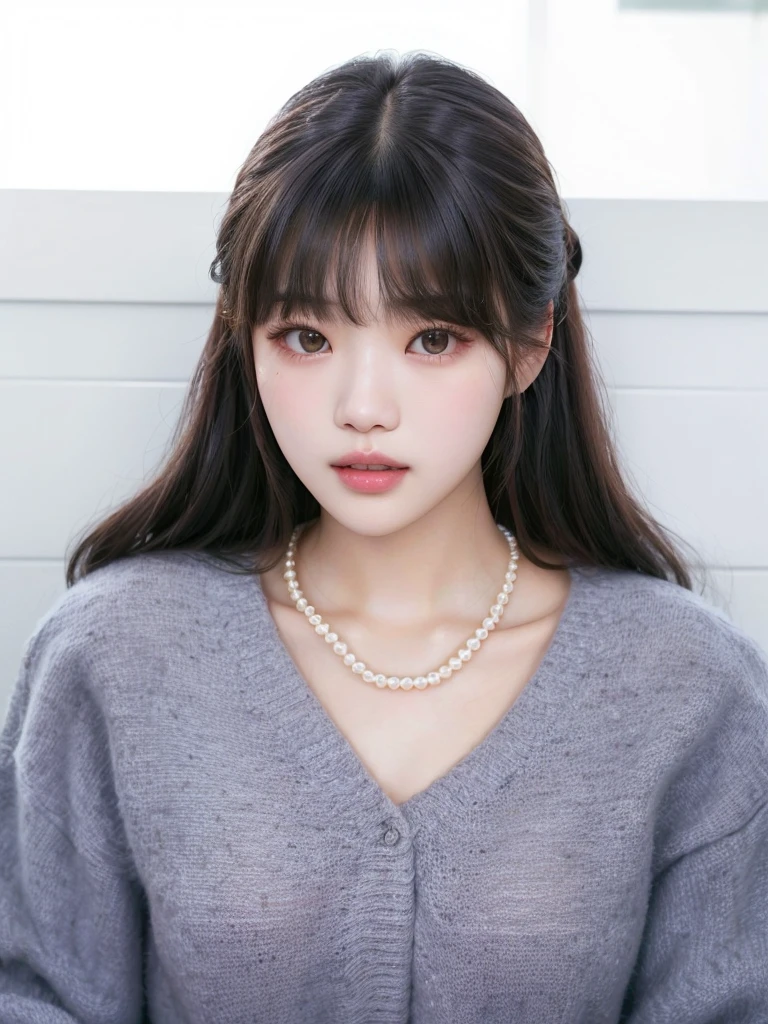 a close up of a woman with a pearl necklace and a gray sweater, bae suzy, with full bangs, with bangs, lalisa manobal, cute korean actress, neat hair with bangs, gorgeous young korean woman, ulzzang, korean girl, beautiful young korean woman, lalisa manoban of blackpink, korean women's fashion model, beautiful south korean woman, wonyoung face