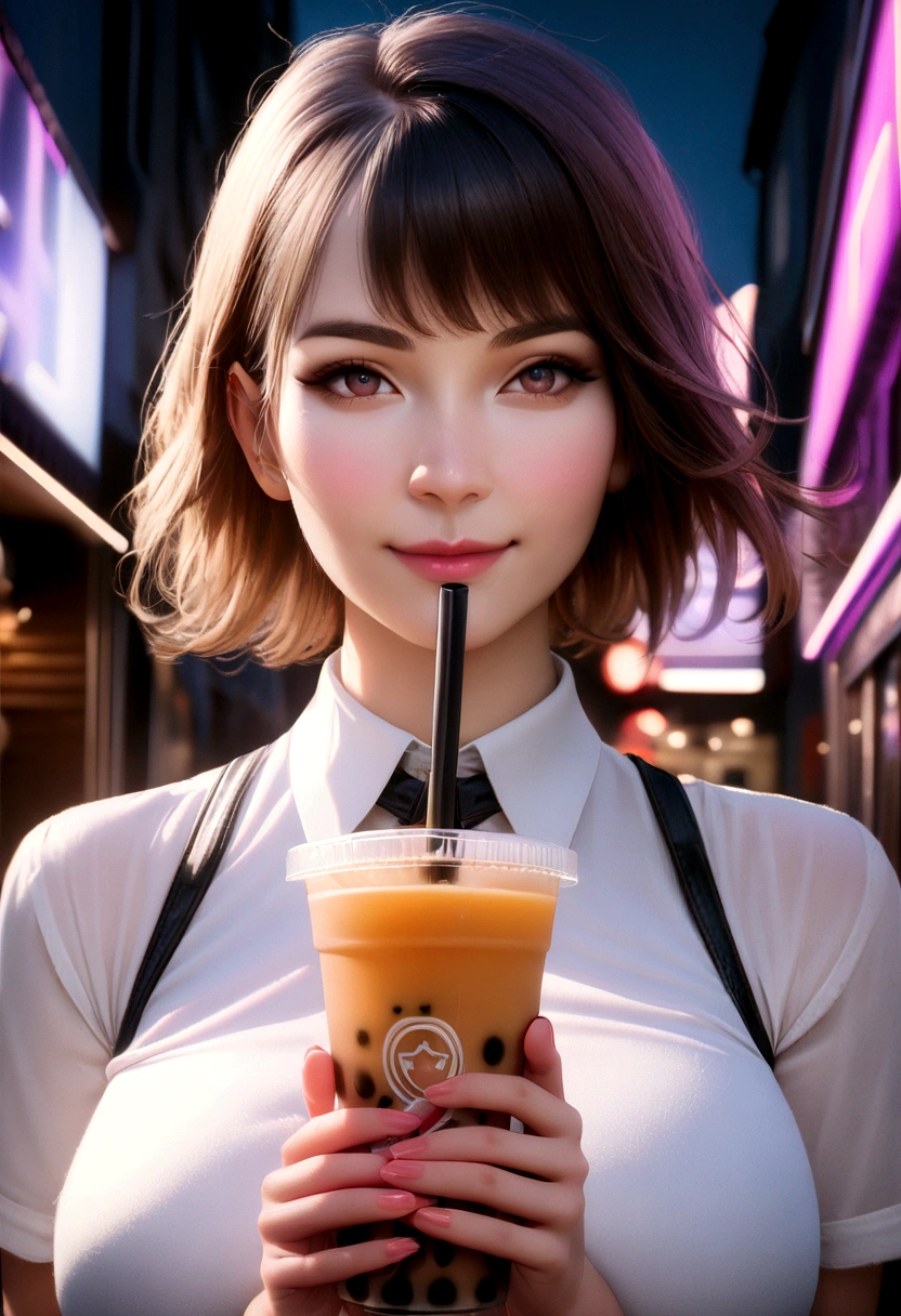 (8k, RAW photo, best quality, masterpiece:1.2), (realistic, photo-realistic:1.37), ultra-detailed, 1 girl, cute, solo, holding bubble tea, vibrant colors, YETEA concept, neon green, purple, and white color scheme, futuristic cafe, night, beautiful detailed sky, neon lights, smiling, (nose blush), (closed mouth), large breasts, seductive smile, large aperture, professional lighting, Sony A7R4, Zeiss 50mm F1.8, beautiful detailed eyes, (collared shirt:1.1), stylish outfit, short hair, floating hair,