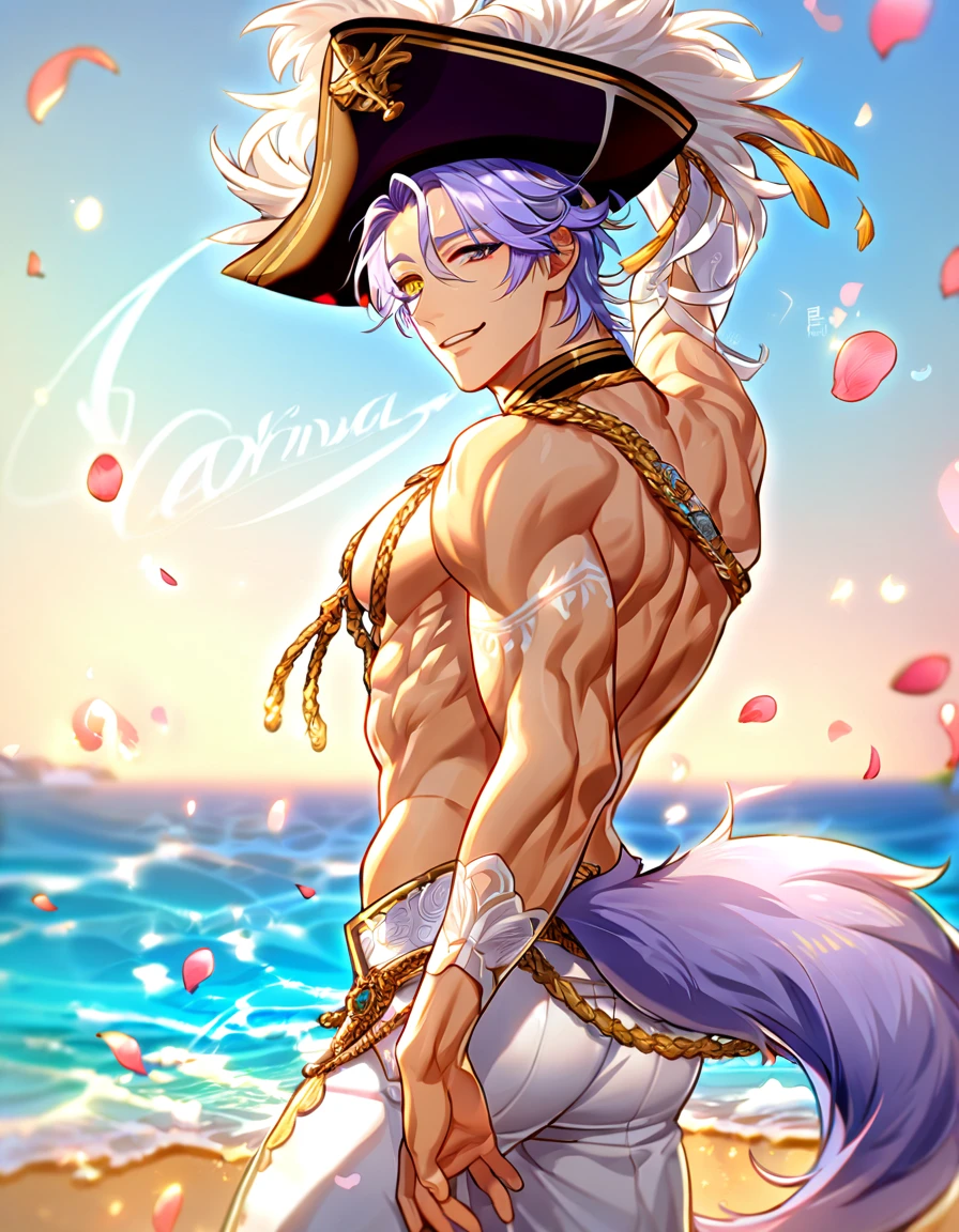 absurdres, highres, ultra detailed, HDR, master piece, best quality, detailed face, delicate features, Kuya, light-purple hair, heterochromia, left eye yellow, right eye blue, Nu Carnival, fox ears, solo, sexy man, handsome, horny, toned chest, handsome smile, fantasy pirate clothes, pirate hat, white pants, from behind, big butt, fox tail, sexy pose, sea, beach, petals