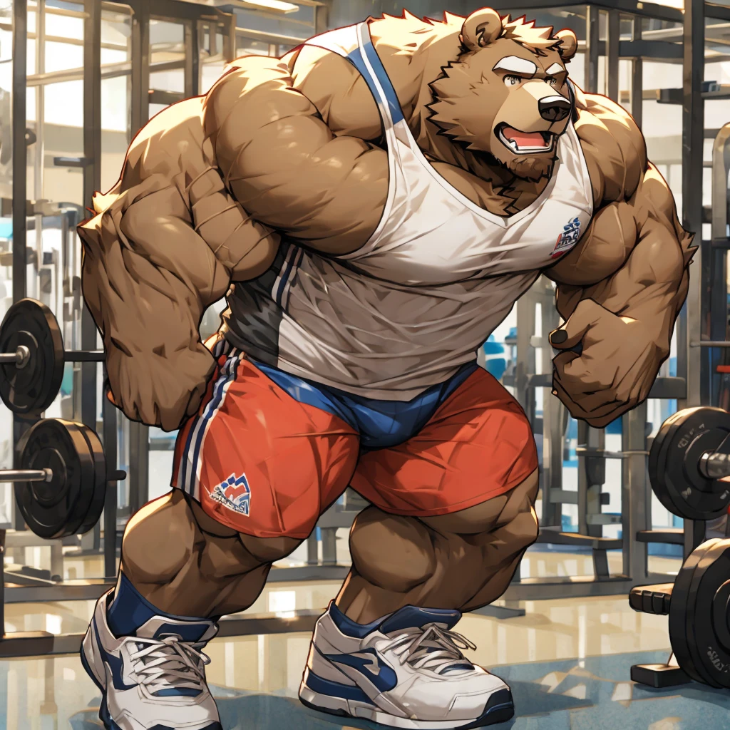 Huge muscle bear in his gym shorts and shoes doing ripping and tearing his shirt off at the gym