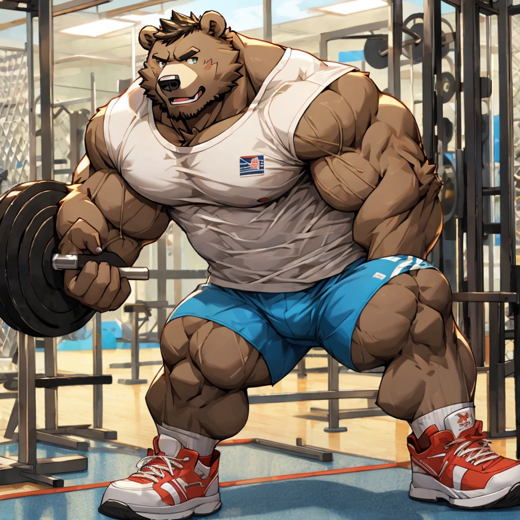 Huge muscle bear in his gym shorts and shoes doing ripping and tearing his shirt off at the gym