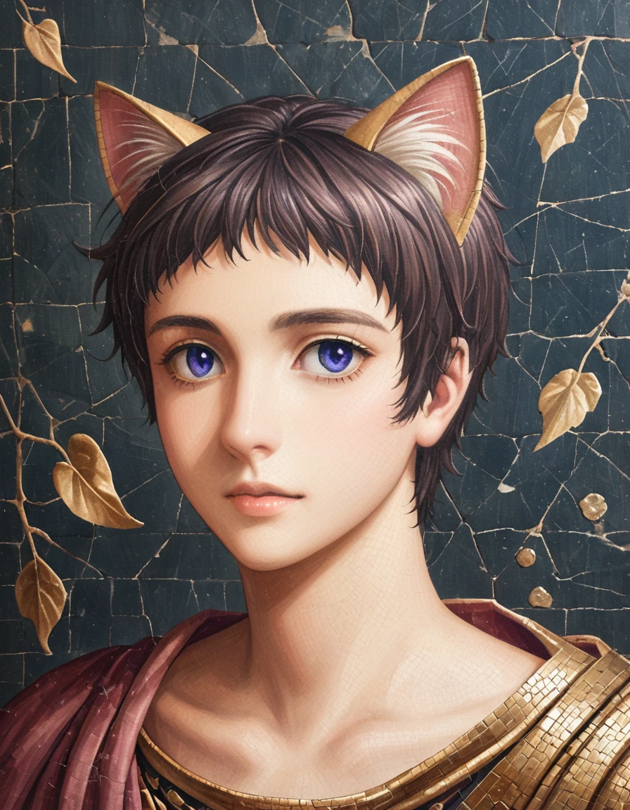 detailed illustration, dynamic angle, ultra-detailed, illustration, clean line art, shading, anime, detailed eyes, detailed face, beautiful face, dramatic lighting, detailed illustration, dynamic angle, ultra-detailed, illustration, masterpiece, masterwork, beautiful, whole body shot

Neko, cat boy, dressed in purple silk robes, gold leaf inlay mosaic, Byzantine mosaic, has a full beard, cat ears, cat tail, cat eyes, Byzantine monk, gold and purple motif, imperial,