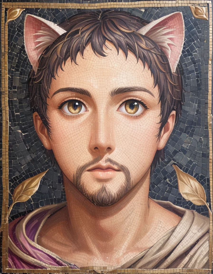 detailed illustration, dynamic angle, ultra-detailed, illustration, clean line art, shading, anime, detailed eyes, detailed face, beautiful face, dramatic lighting, detailed illustration, dynamic angle, ultra-detailed, illustration, masterpiece, masterwork, beautiful, whole body shot

Neko, cat boy, dressed in purple silk robes, gold leaf inlay mosaic, Byzantine mosaic, has a full beard, cat ears, cat tail, cat eyes, Byzantine monk, gold and purple motif, imperial,