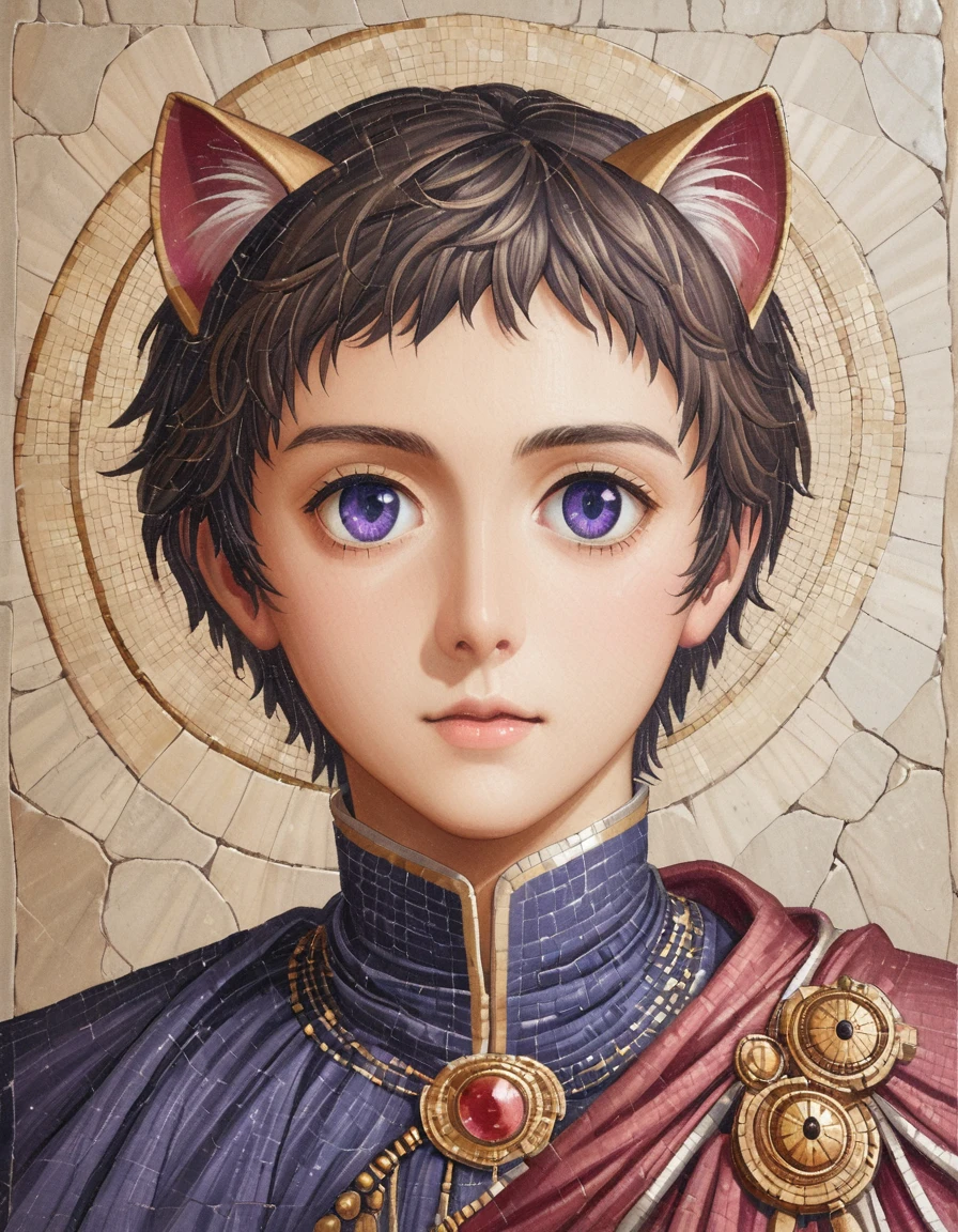 detailed illustration, dynamic angle, ultra-detailed, illustration, clean line art, shading, anime, detailed eyes, detailed face, beautiful face, dramatic lighting, detailed illustration, dynamic angle, ultra-detailed, illustration, masterpiece, masterwork, beautiful, whole body shot

Neko, cat boy, dressed in purple silk robes, gold leaf inlay mosaic, Byzantine mosaic, has a full beard, cat ears, cat tail, cat eyes, Byzantine monk, gold and purple motif, imperial,