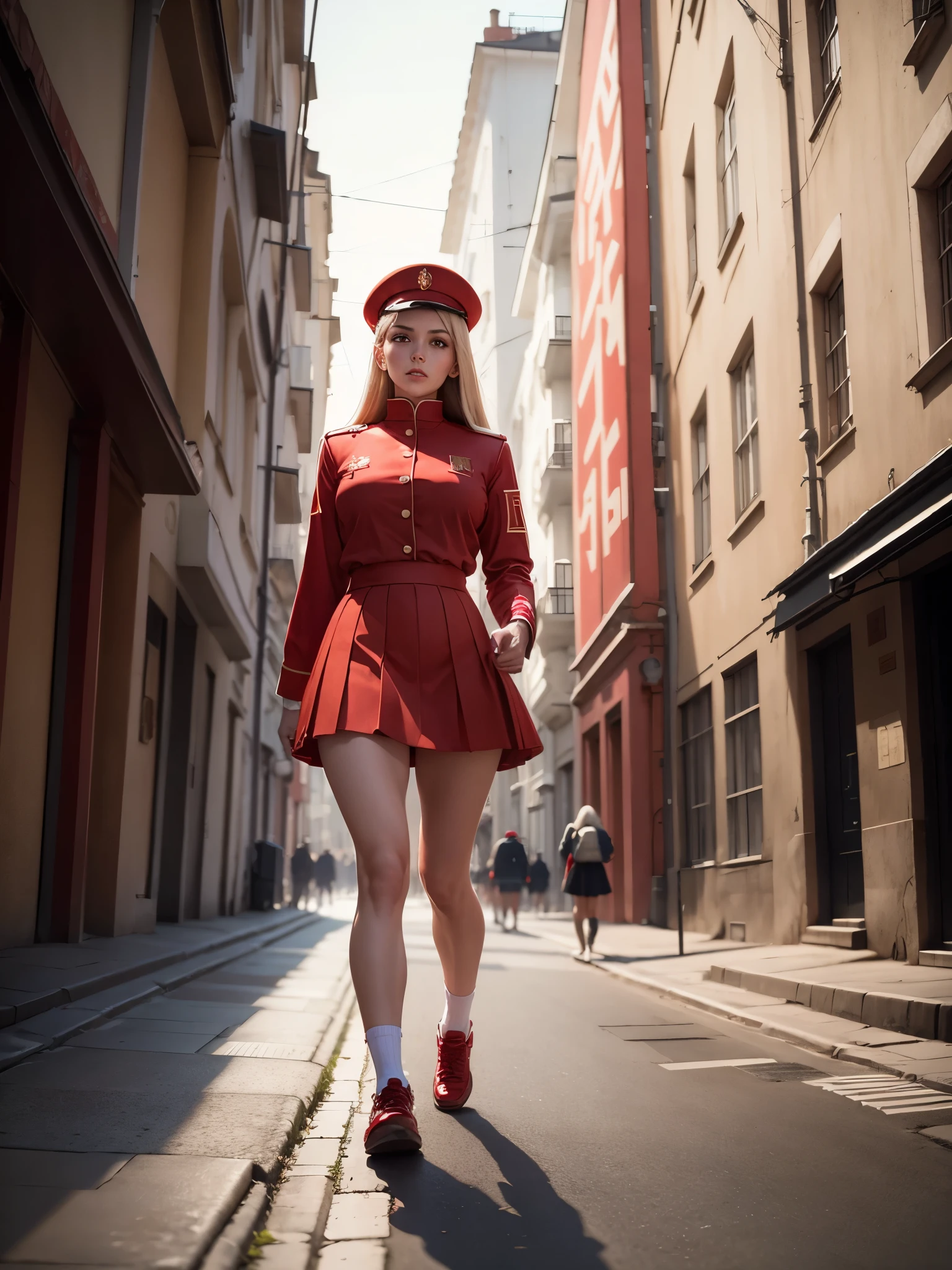 in a skirt, walking down the street, red uniform, with the USSR flag