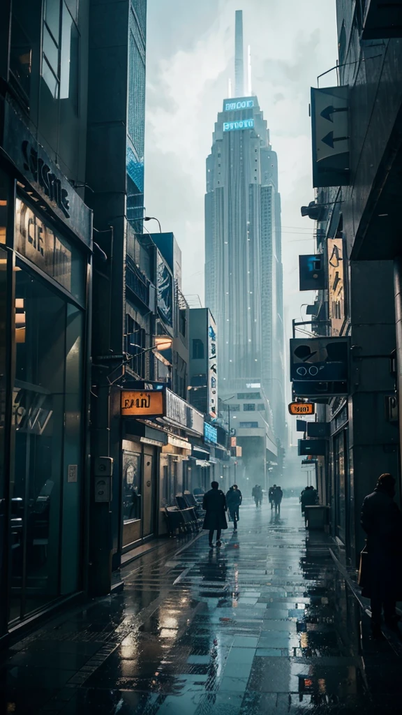 outside view of a stock brokerage firm, 8k epic realistic imagery, blue scenery like a movie scene, old american setting, inspired by blade runner movie scene, blue tone.