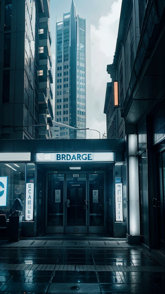 outside view of a stock brokerage firm, 8k epic realistic imagery, blue scenery like a movie scene, old american setting, inspired by blade runner movie scene, blue tone.