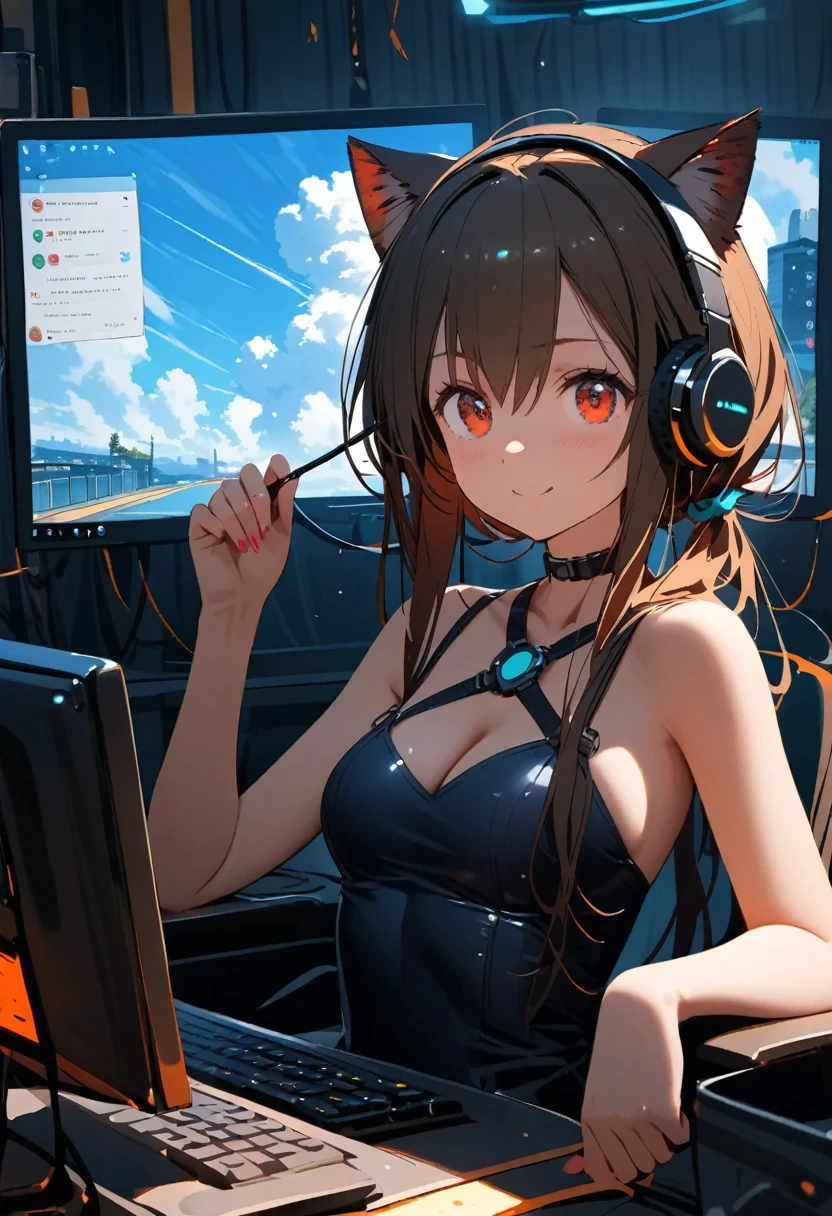 girl, burgundy short hair, lime green eyes, big eyes,droopy eyes,slender body,small breast,  tanabata,bumboo,night,casual clothes,Profile