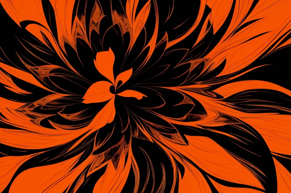 an art for a flag , the art is all orange ,with a highly detailed gradient with black flower petals scattered throughout the art ,the petals are black and only the outline is drawn , In the center of the flag there is a white woman with long black hair