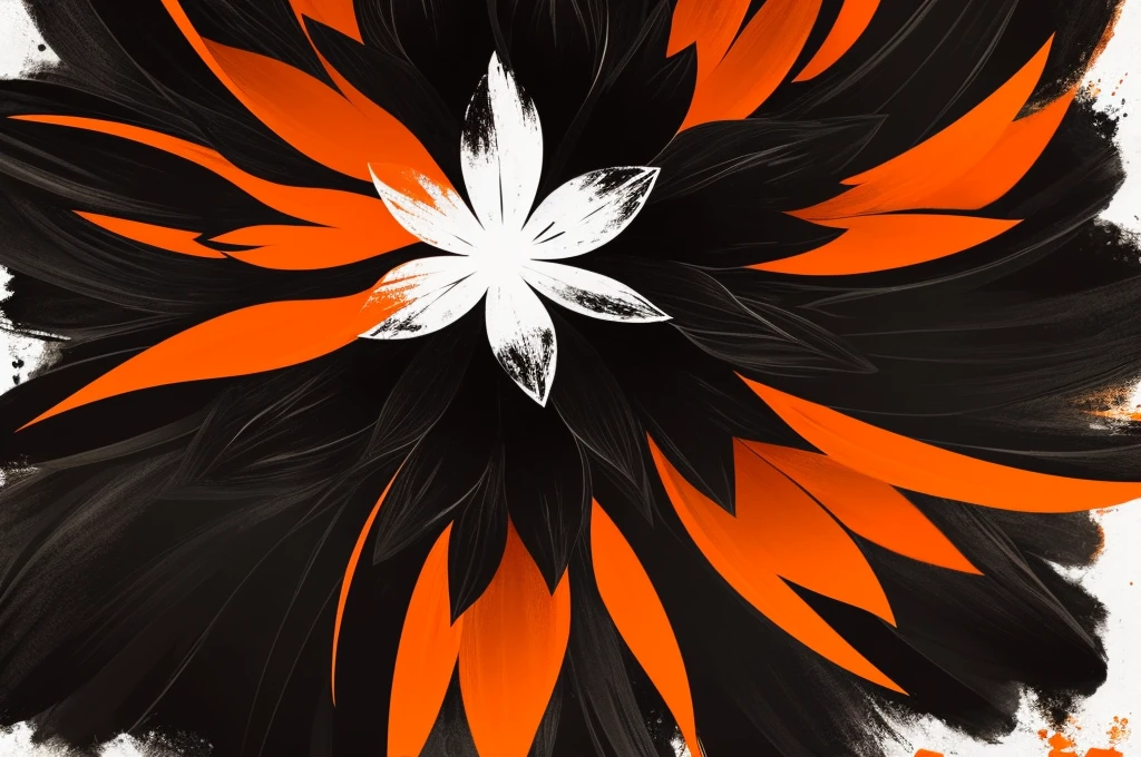an art for a flag , the art is all orange ,with a highly detailed gradient with black flower petals scattered throughout the art ,the petals are black and only the outline is drawn , In the center of the flag there is a white woman with long black hair 