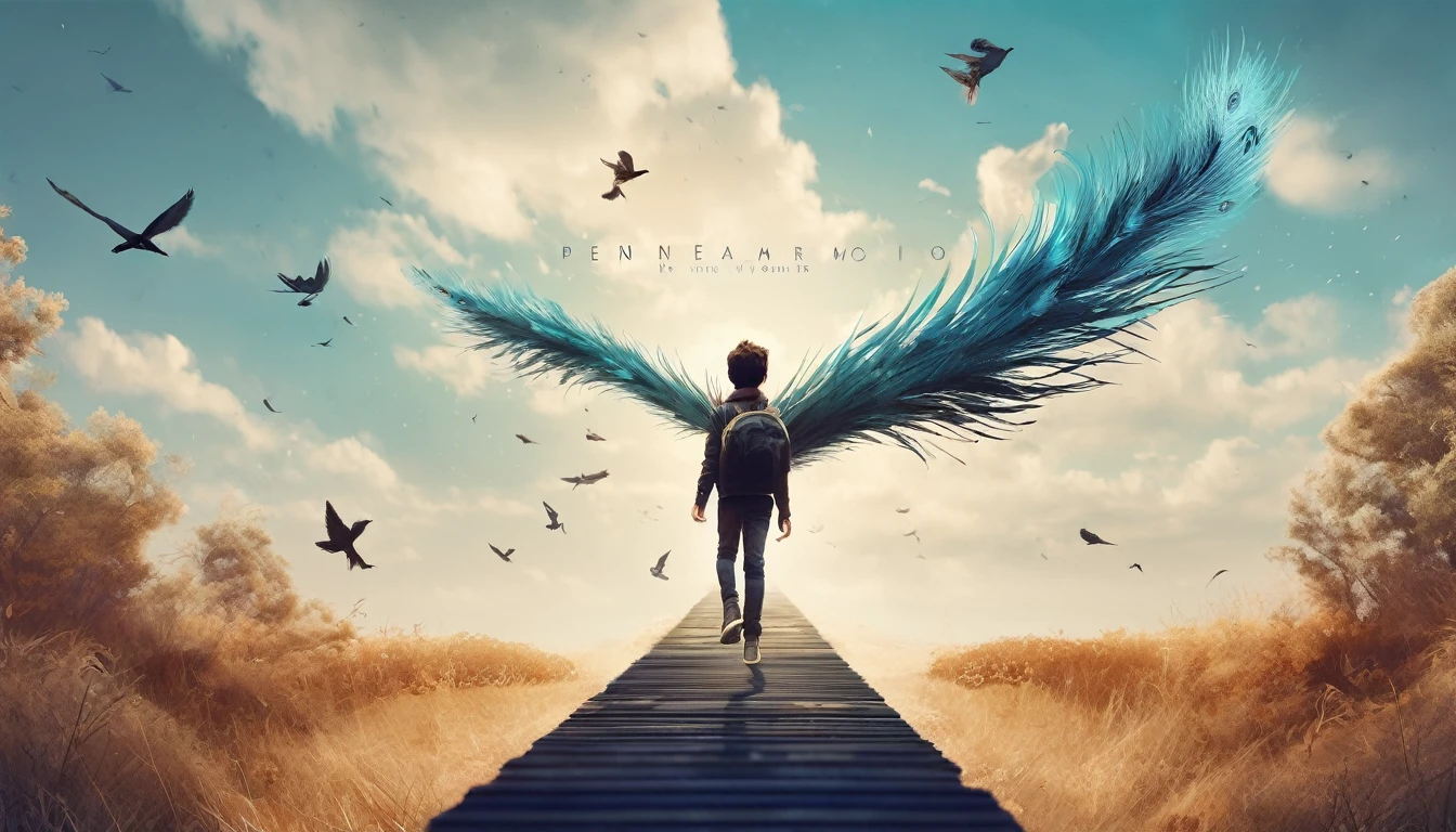 Create a professional, fantastic, cinematic Youtube Banner for a brand about music and stories called " Penamemoria". Masterpiece, 4k, sharp focus, highest quality,wide shot. The title is " Penamemoria". Is a brand about the creative, unique journey of a boy into becoming a musician storyteller. In his journey he finds inspiration in a world of birds and feathers. Minimalistic, simple, poetic, dreamy logotype at the center of the image. The Background image is a world full of fantastic feathers, unique birds, light blue sky, and a boy running happily into the horizon with an acoustic guitar in his right hand. Boy running against the wind, almost simulating like he is flying