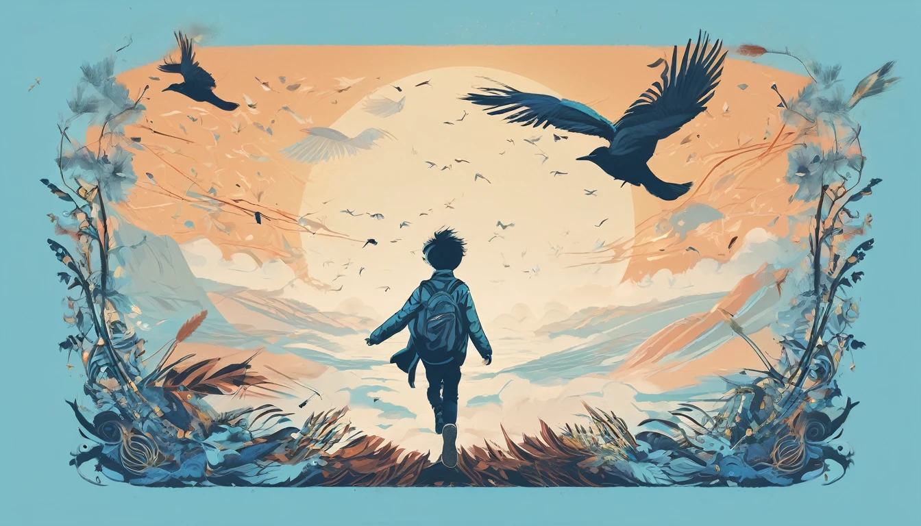 Create a professional, fantastic, cinematic Youtube Banner for a brand about music and stories called " Penamemoria". Masterpiece, 4k, sharp focus, highest quality,wide shot. The title is " Penamemoria". Is a brand about the creative, unique journey of a boy into becoming a musician storyteller. In his journey he finds inspiration in a world of birds and feathers. Minimalistic, simple, poetic, dreamy logotype at the center of the image. The Background image is a world full of fantastic feathers, unique birds, light blue sky, and a boy running happily into the horizon with an acoustic guitar in his right hand. Boy running against the wind, almost simulating like he is flying