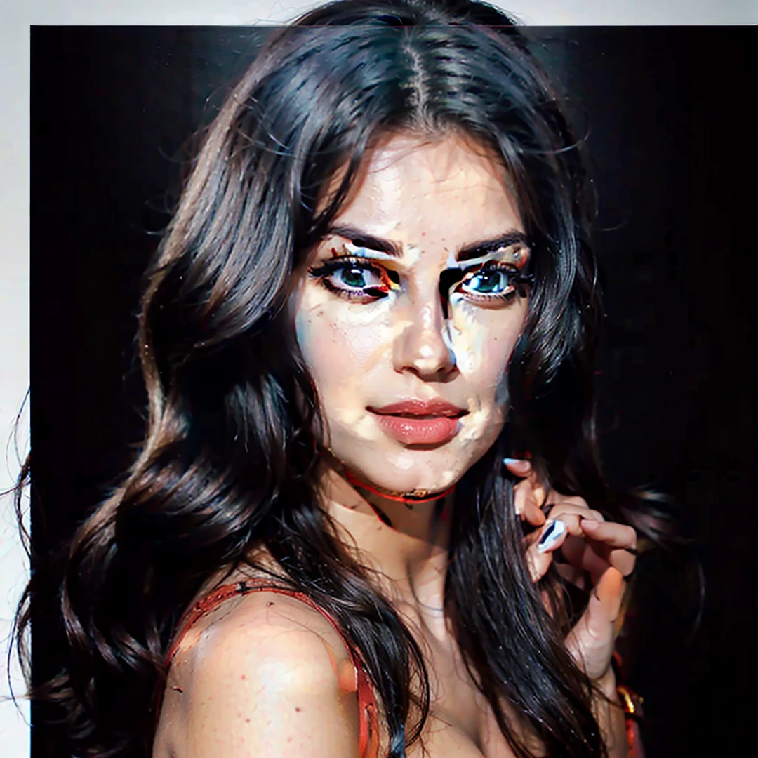A beautiful woman,YOUR SKIN COLOR IS WHITE, HE HAS STRONG ELECTRIC BLUE EYES, BEAUTIFUL AND FULL EYEBROWS, FLESH AND RED LIPS, CURLY AND BUFFY EYELASHES, JET BLACK WAVY HAIR,