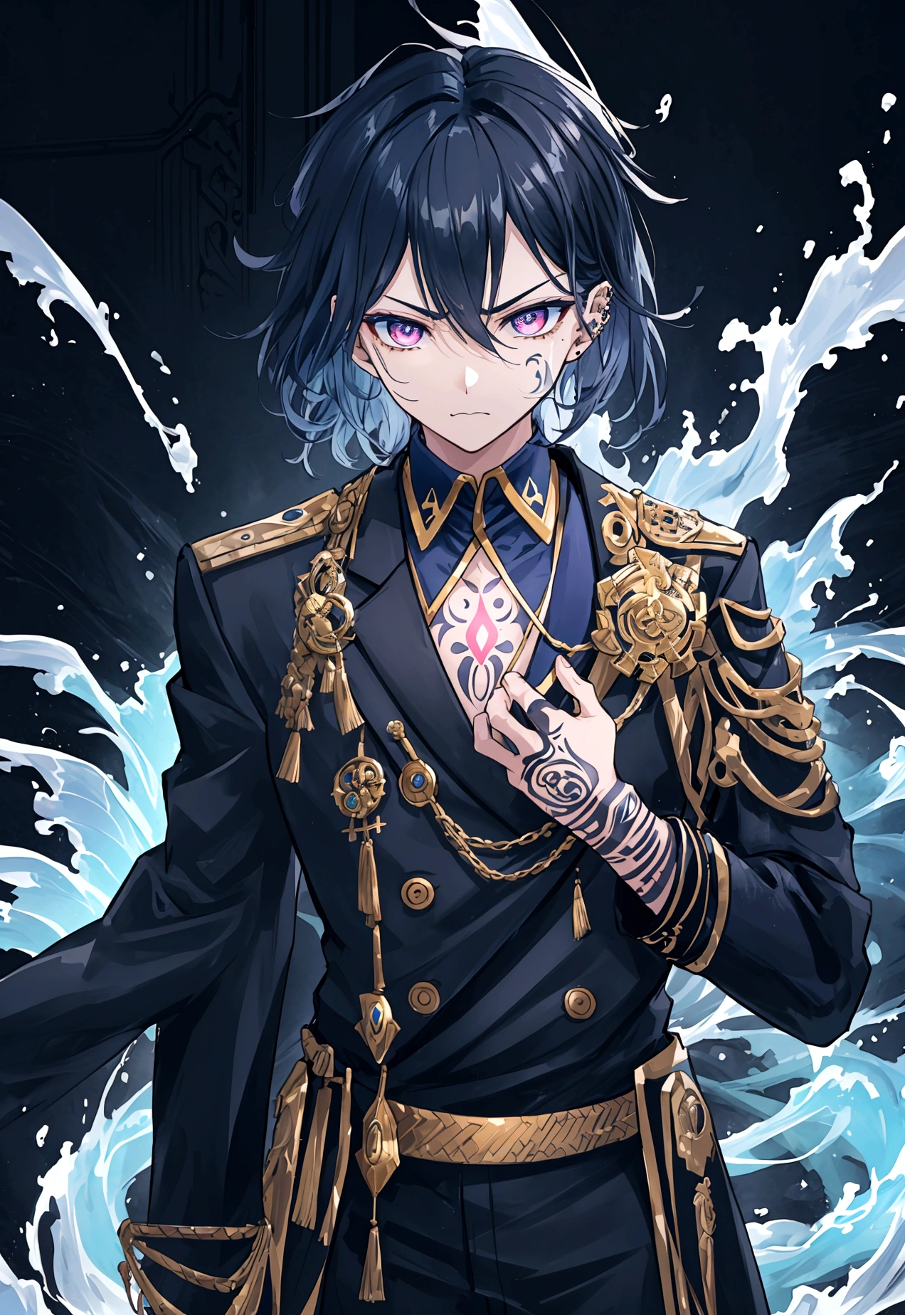 male, Race: human with latent Elemental heritage, Skin: rich tan, Hair: dark blue-black, unruly, Eyes: piercing stormy sea color, Facial features sharp, Physique: tall, lean, athletic, Attire: long navy blue coat with gold trim, white button-up shirt, rolled-up sleeves, modern streetwear elements, traditional Elemental Districts influence, Tattoos: water element symbols on forearms, Accessory: sleek metallic cane, Visual aura: mystery, allure, Background: neon-lit Tokyo streets, Heritage: powerful water Elemental lineage, Personality: fiercely loyal, charming rogue, sharp wit, hidden pain, complex emotions, unshakeable resolve, empathetic, fear of power loss.