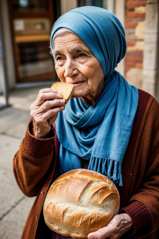 An old woman holds a loaf of bread in her hand and covers her hair