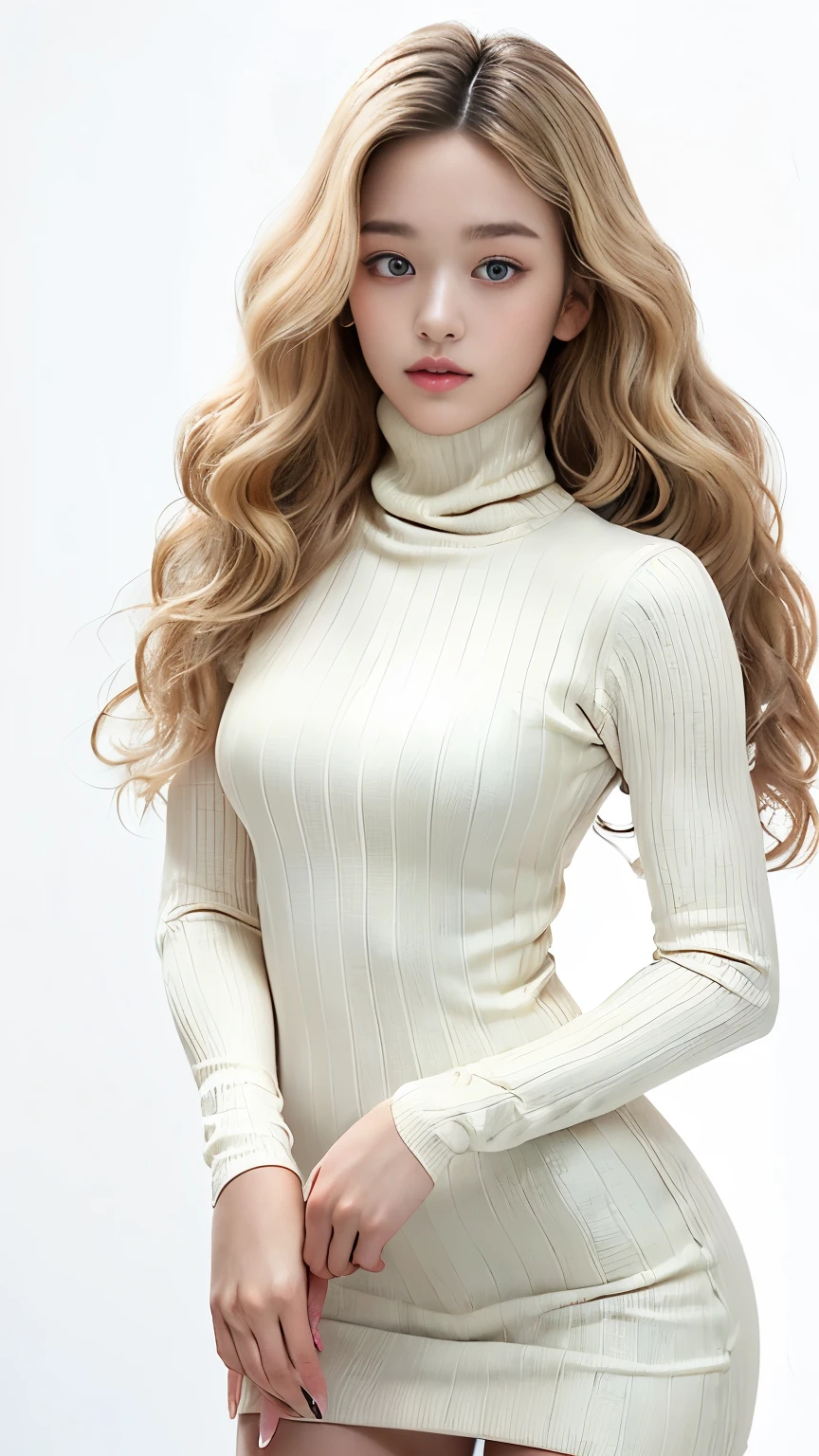 ((best quality, 8 thousand, masterpiece:1.4)), (20 year old woman), ((very small face:1.3)),  Highly detailed face and skin textures, detailed eyes, (Italian woman), (blonde wavy very long hair:1.3), (Turtleneck long sleeve neck polar dress:1.4), beautiful bridge, glamorous body, white background, thighs, Transparent stockings,