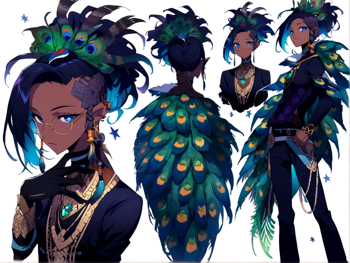 Closeup of a woman with a peacock on her head, Detailed anime character art, professional character design, anime character design, high quality character design, showy! character design, character designs muy detallado., detailed character design, anime tribal boy with long hair, Clothing with the image of a peacock wizard., animated concept art, mejor anime character design, showy concept art