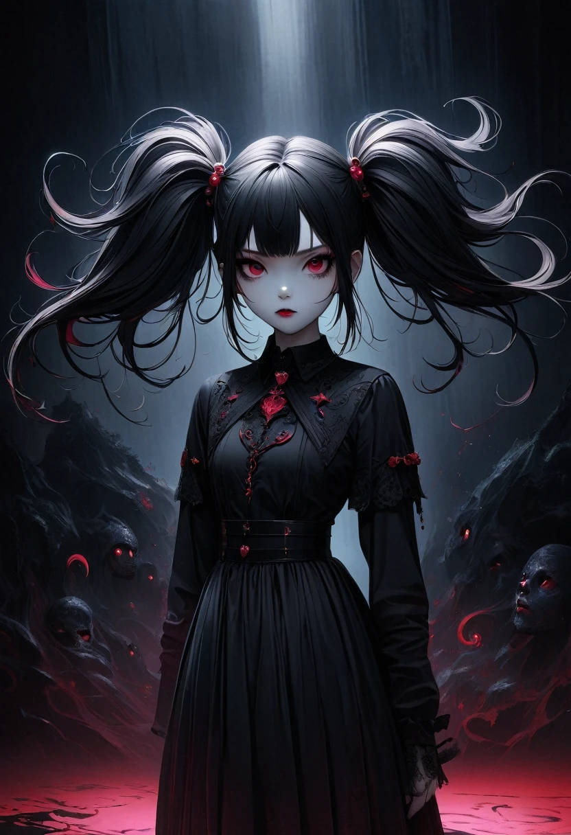 A goth girl with twin ponytails, minimalistic aesthetics, Very detailed, Surreal, 8K, Dramatic Lighting, Dark and melancholy color, Clear focus, Professional photography