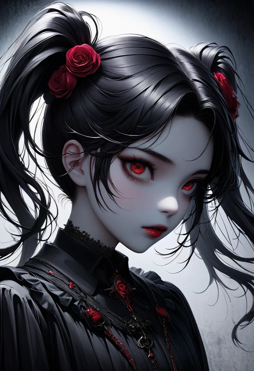 A goth girl with twin ponytails, minimalistic aesthetics, Very detailed, Surreal, 8K, Dramatic Lighting, Dark and melancholy color, Clear focus, Professional photography