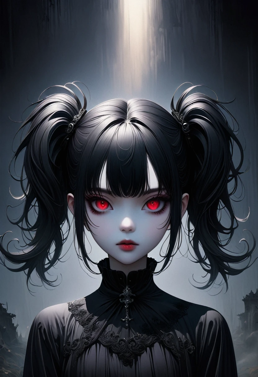 A goth girl with twin ponytails, minimalistic aesthetics, Very detailed, Surreal, 8K, Dramatic Lighting, Dark and melancholy color, Clear focus, Professional photography