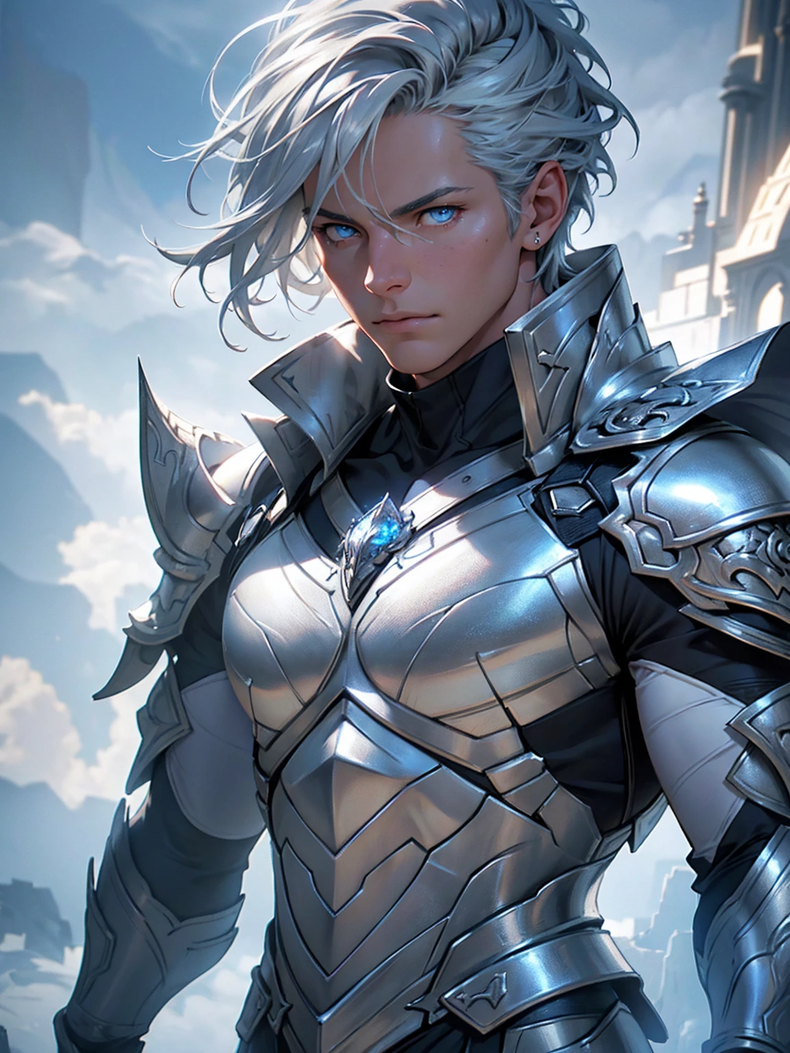 a highly detailed and realistic portrait of a young boy with short silver-gray hair, striking blue eyes, wearing a white armor suit and a cape, with muscular physique, surrounded by clouds and scales, (best quality,4k,8k,highres,masterpiece:1.2),ultra-detailed,(realistic,photorealistic,photo-realistic:1.37),hyperrealistic,studio lighting,extremely detailed face and eyes,extremely detailed skin,intricate details,award-winning photography,dramatic lighting,cinematic composition,volumetric lighting,depth of field,3d render,unreal engine,highly detailed armor,flowing cape,muscular physique,short silver-gray hair,piercing blue eyes,dramatic clouds,intricate scales, full body