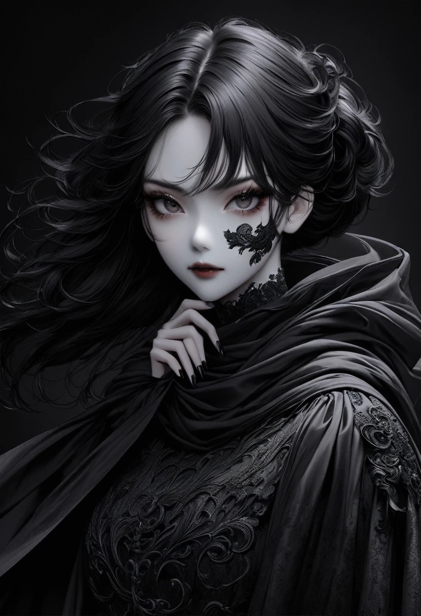 (best quality, high resolution:1.2), Practical, Black skirt, Black Hair, Dark theme, black background, Dark Ninja, Strong gaze, Elegant Posture, floating dress, Detailed facial features, Long eyelashes, Compared, Fine details, Theatrical atmosphere, Gothic style, Strong emotions, Monochromatic color palette, Charming environment, Unforgettable beauty, Art Photography, Everything is black
