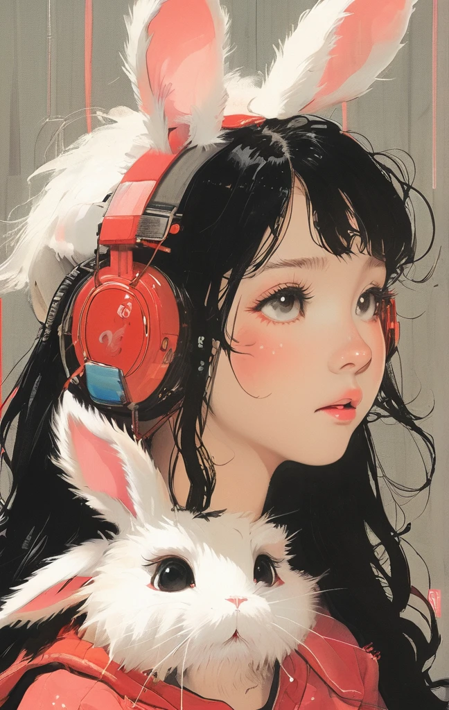 On a bright red campus"YES"Character、beautiful illustration, best quality, cute girl, bedroom, pastel color, fluffy bunny ears, , silver long hair, rabbit stuffed toy, bright lighting, light pink eyes、alone, One girl, profile,Black Bob,　profile,  The background color is solid yellow,An illustration