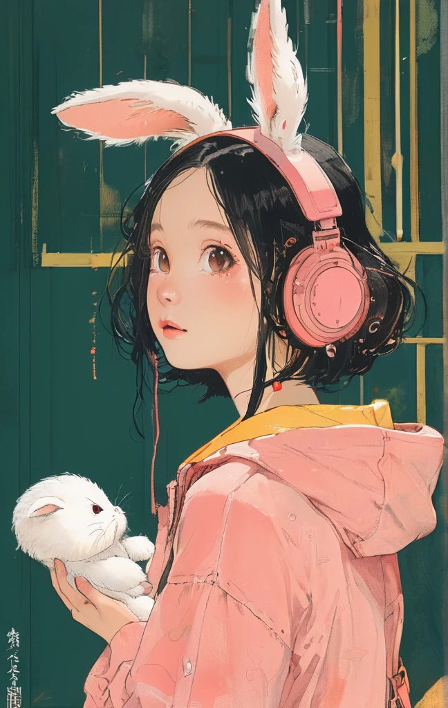 On a bright red campus"YES"Character、beautiful illustration, best quality, cute girl, bedroom, pastel color, fluffy bunny ears, , silver long hair, rabbit stuffed toy, bright lighting, light pink eyes、alone, One girl, profile,Black Bob,　profile,  The background color is solid yellow,An illustration