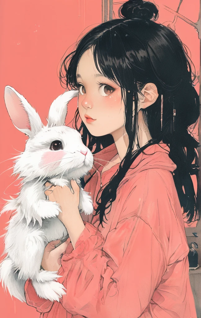 On a bright red campus"YES"Character、beautiful illustration, best quality, cute girl, bedroom, pastel color, fluffy bunny ears, , silver long hair, rabbit stuffed toy, bright lighting, light pink eyes、alone, One girl, profile,Black Bob,　profile,  The background color is solid yellow,An illustration