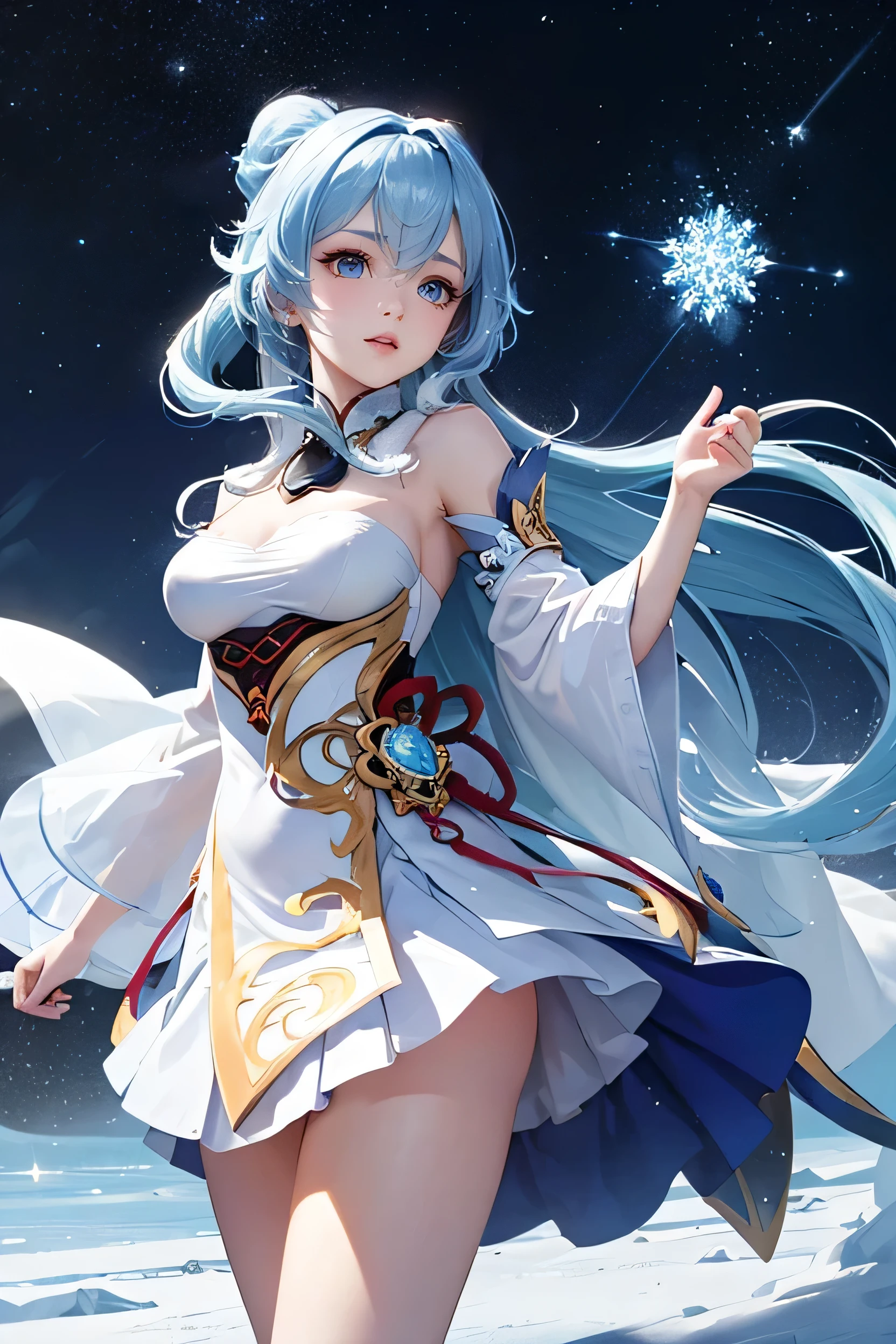 (Highest quality、Highest quality、Masterpiece、Very delicate、Very detailed、Exquisite、16K、Full HD)、1 female、(Ganyu、Genshin Impact)、(White mini skirt flare dress、Chinese style、Skirt in the wind、ribbon、White frills)、Perfect body line、Glowing Skin、(Groomed eyebrows、Pink Lips、Light blue eyes、Detailed eyes)、(Light blue hair、Long Hair、Shiny Hair、Hair tied back)、Dynamic Pose、Dramatic lighting、(ice、Snow Crystal、snow、Starry Sky、Ice crystal)