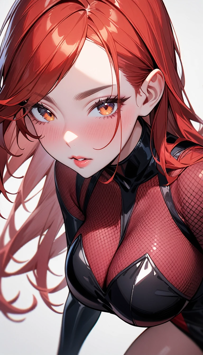 1girl,solo,super detailed skin,shiny skin,natural face, ,eyelashes,lips gloss,red hair,long hair,parted bangs ,large breasts ,ninja style ,asymmetrical body suit,fishnet,standing,simple background,masterpiece,best quality,ultra detailed,high resolution,sharp focus