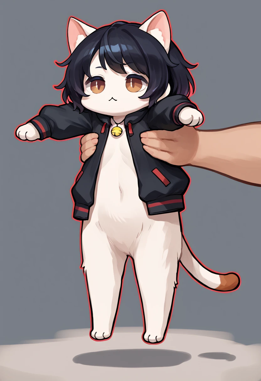 score_9, score_8_up, score_7_up, score_6_up, BREAK source_anime, IncrsXLLCM, full body, chibi, cat, no humans, brown eyes, white fur, short black hair, cute jacket with red outline at opening