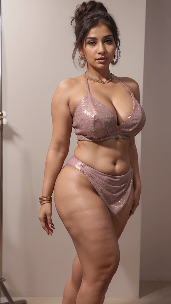 ((Indian 45 year old  milf)), standing ,curvy round cheeks, ((having big perfect round ,big thick ass,having hour glass figure)),((facing camera)), ((Wearing glittering violet lehenga with tight skirt exposing cleavage )),((perfect round big boobs)),((black messy bun hair)),((wearing earrings and chain, bangles)),((4k quality,realistic masterpiece enhanced alluring high quality)),(voluptuous curvy body)), ((perfect hands)), ((perfect legs)), ((perfect fingers)), ((smooth skin)),((in a plain colour background photoshoot)),looking at camera,sensual expression